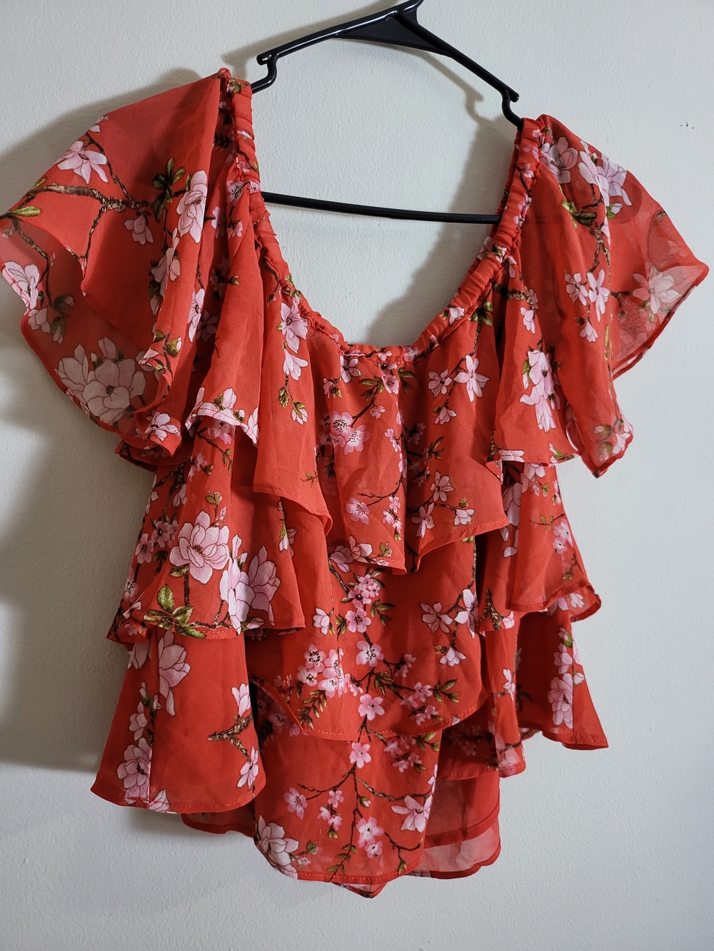 Forever 21 Coral Red Off-Shoulder Floral Ruffle Blouse